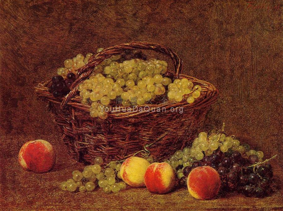 Basket of White Grapes and Peaches - 亨利·方丹·拉图尔